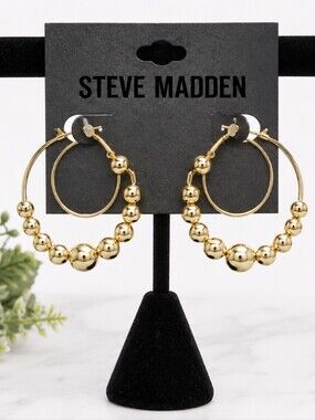 Steve Madden NWT 2" Gold Tone Beaded Hoop Earrings Post Back
